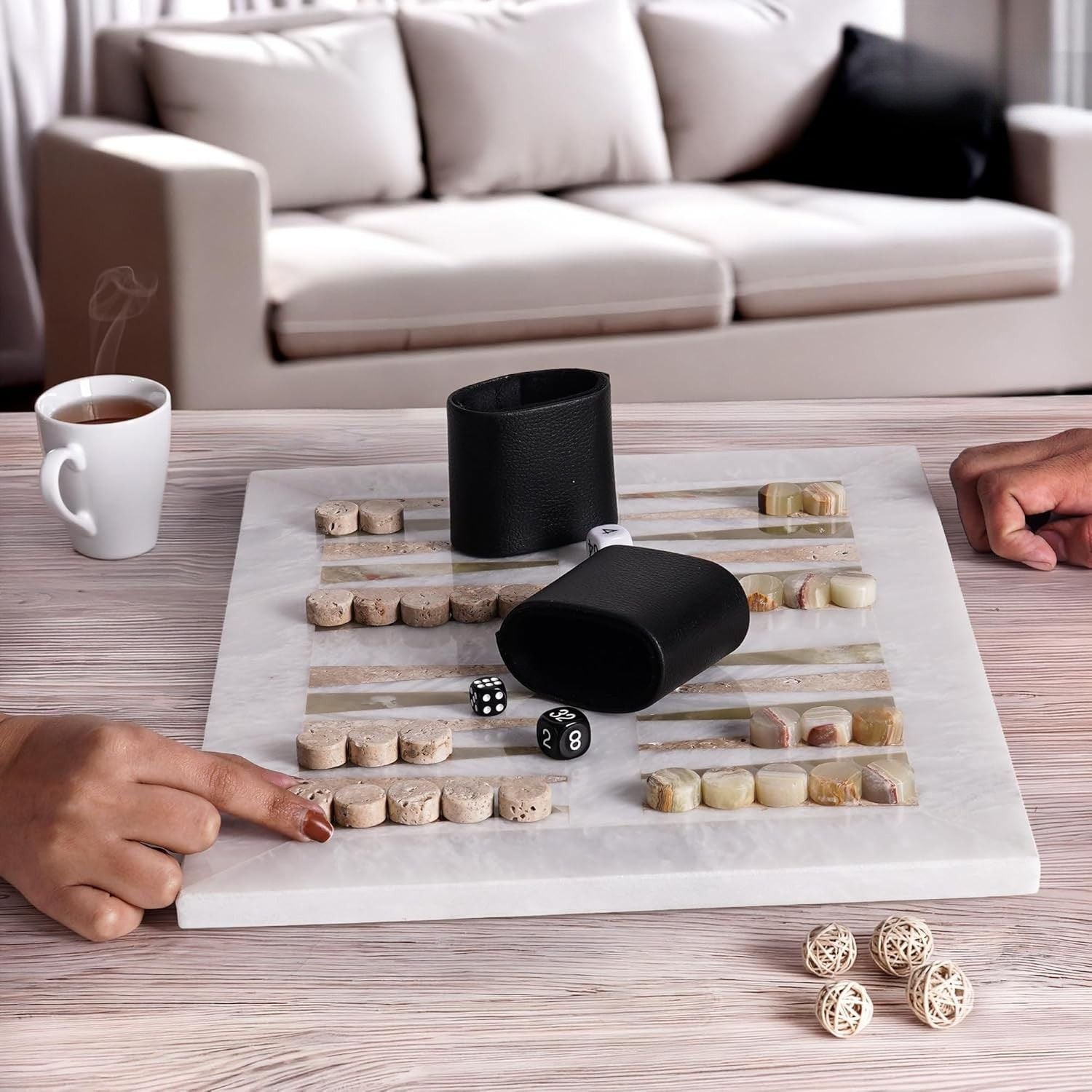 White Board with Green & Travertine Marble Backgammon Set