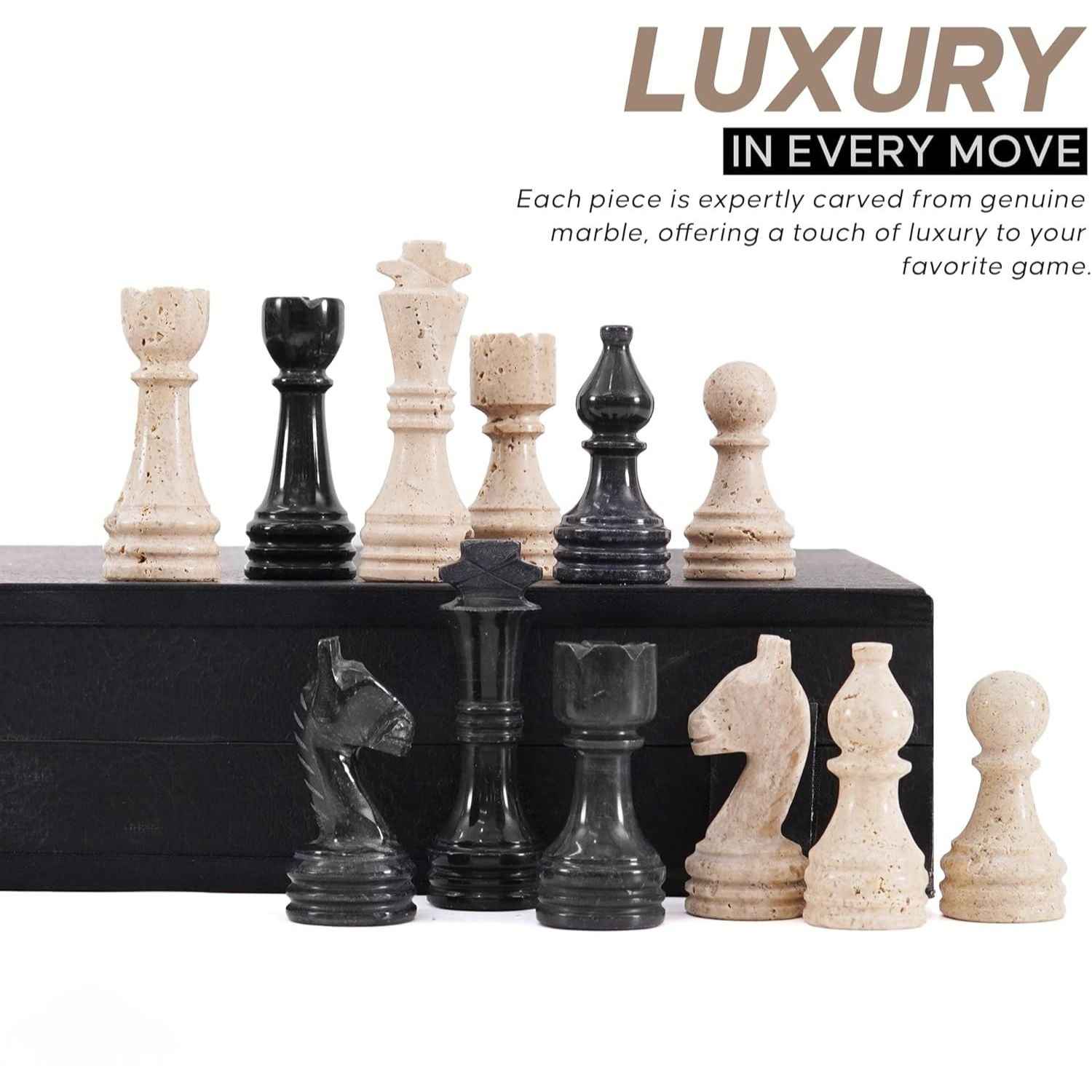 12 Inch Travertine & Black Handcrafted Marble Chess Sets With 2 Extra Queens & Storage Box