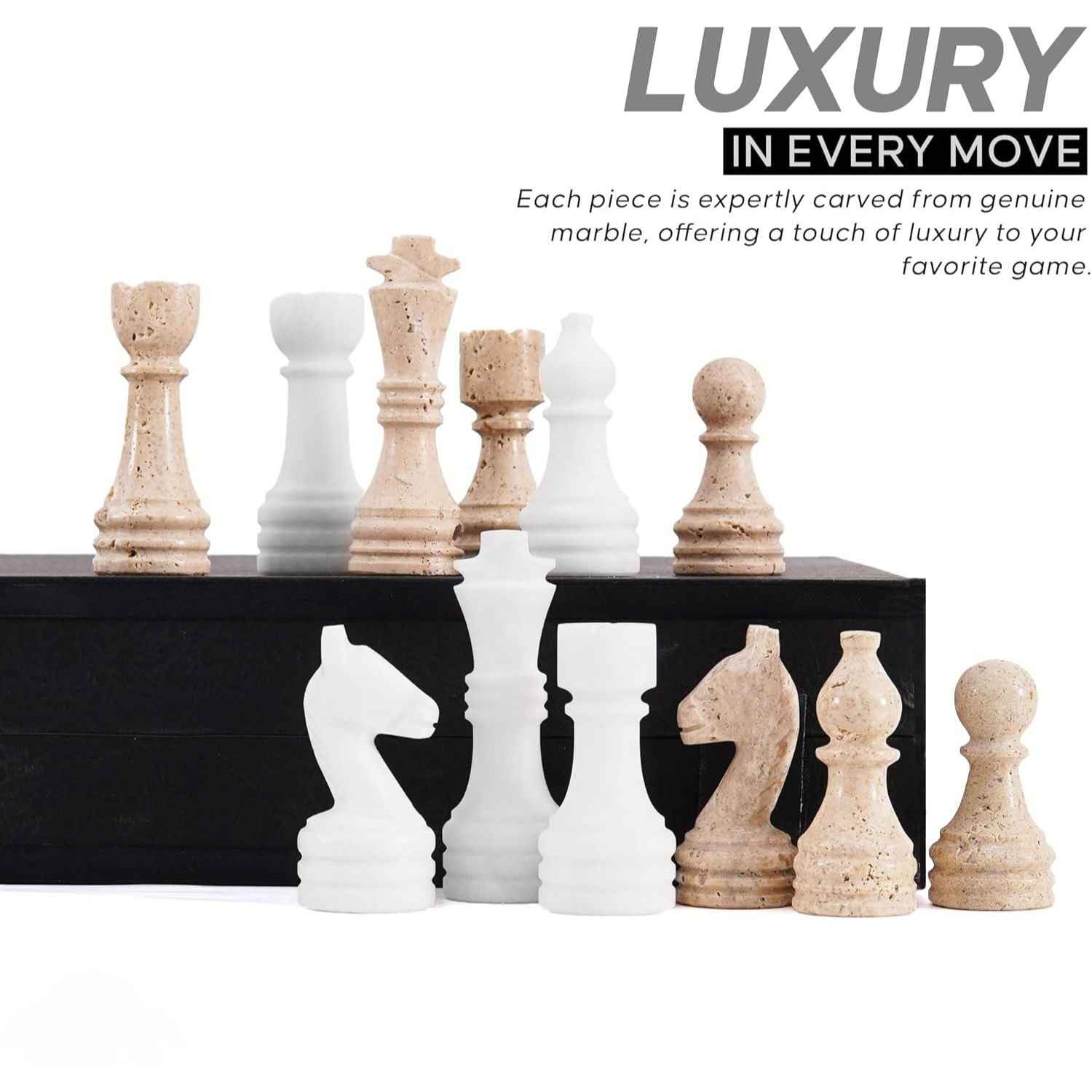 12 Inch Travertine & White Handcrafted Marble Chess Sets With 2 Extra Queens & Storage Box