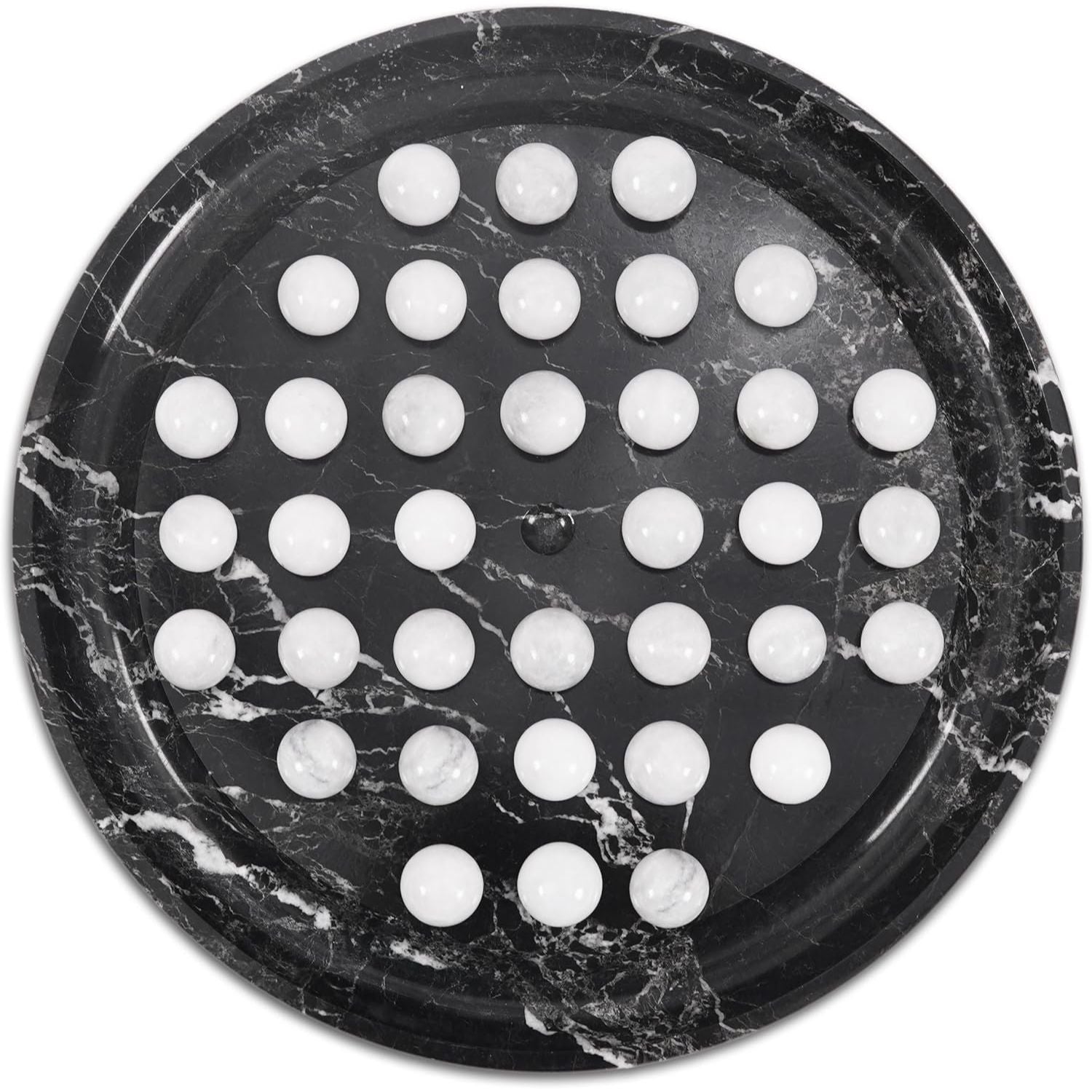 Marble Peg Solitaire Board Game 10 Inch Handmade Black Board with 42 White Marble Balls