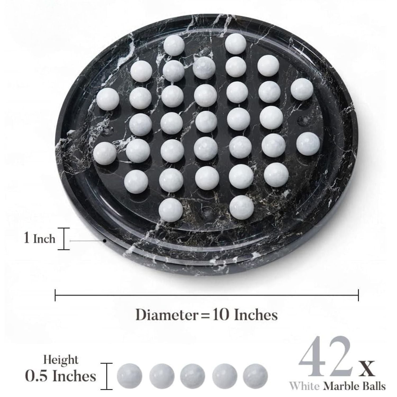 Marble Peg Solitaire Board Game 10 Inch Handmade Black Board with 42 White Marble Balls