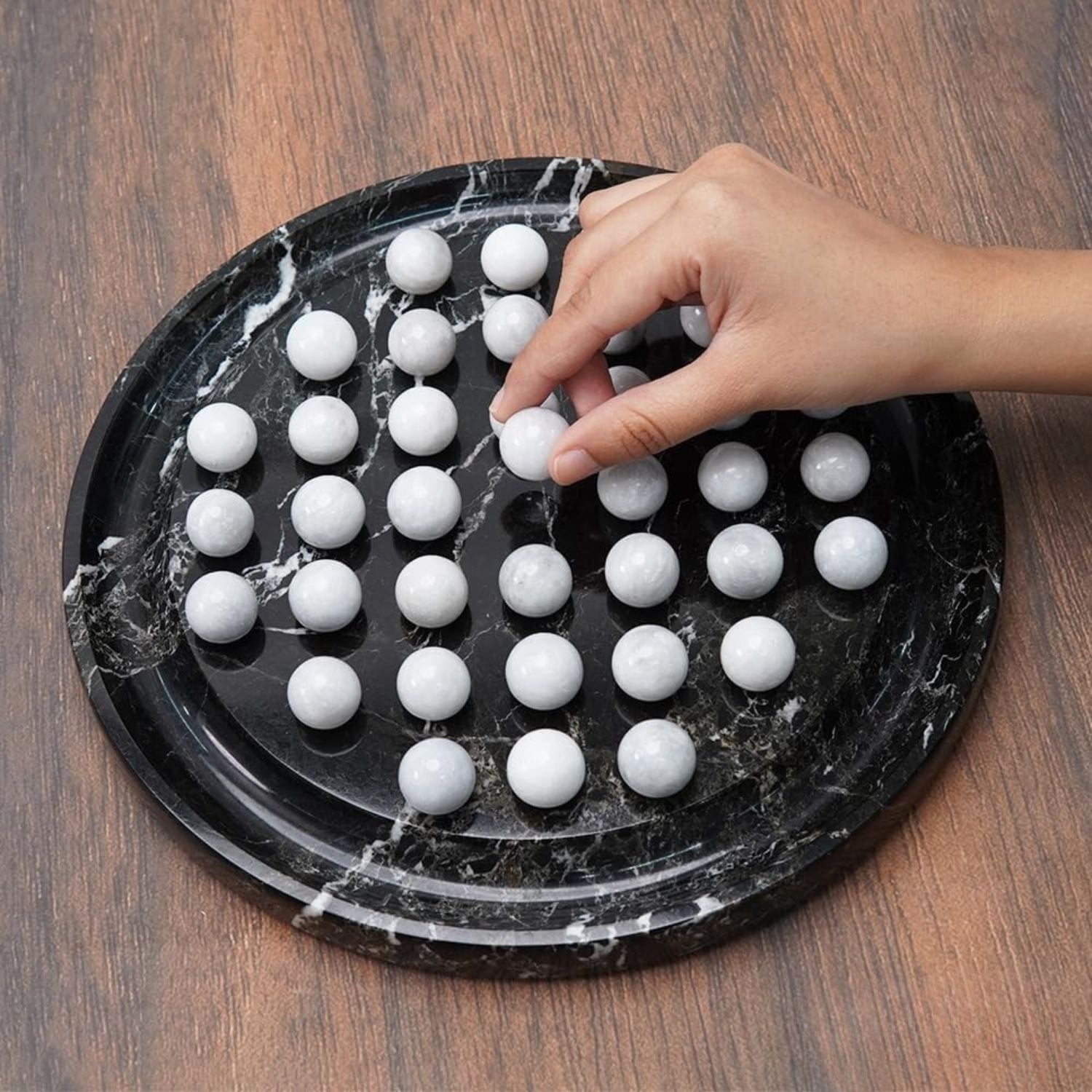 Marble Peg Solitaire Board Game 10 Inch Handmade Black Board with 42 White Marble Balls