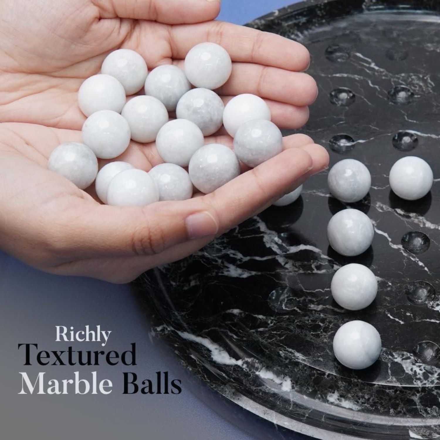 Marble Peg Solitaire Board Game 10 Inch Handmade Black Board with 42 White Marble Balls