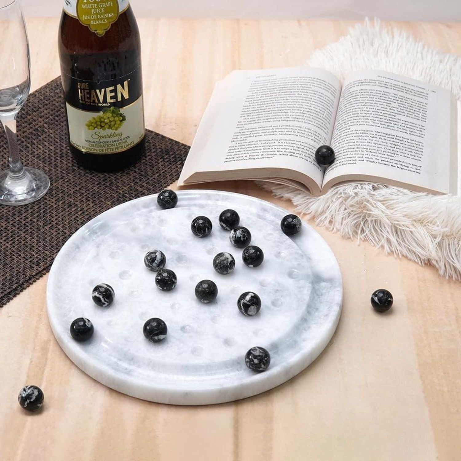 Marble Peg Solitaire Board Game 10 Inch Board with 42 Black Marble Balls