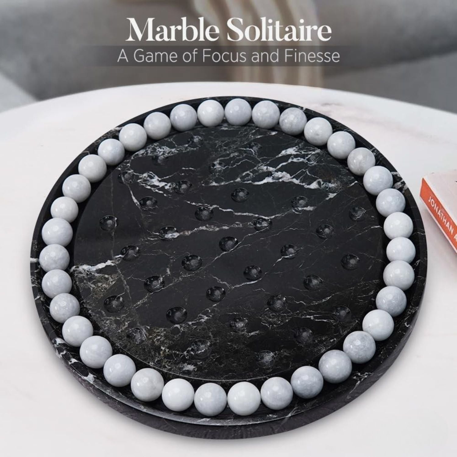 Marble Peg Solitaire Board Game 10 Inch Handmade Black Board with 42 White Marble Balls