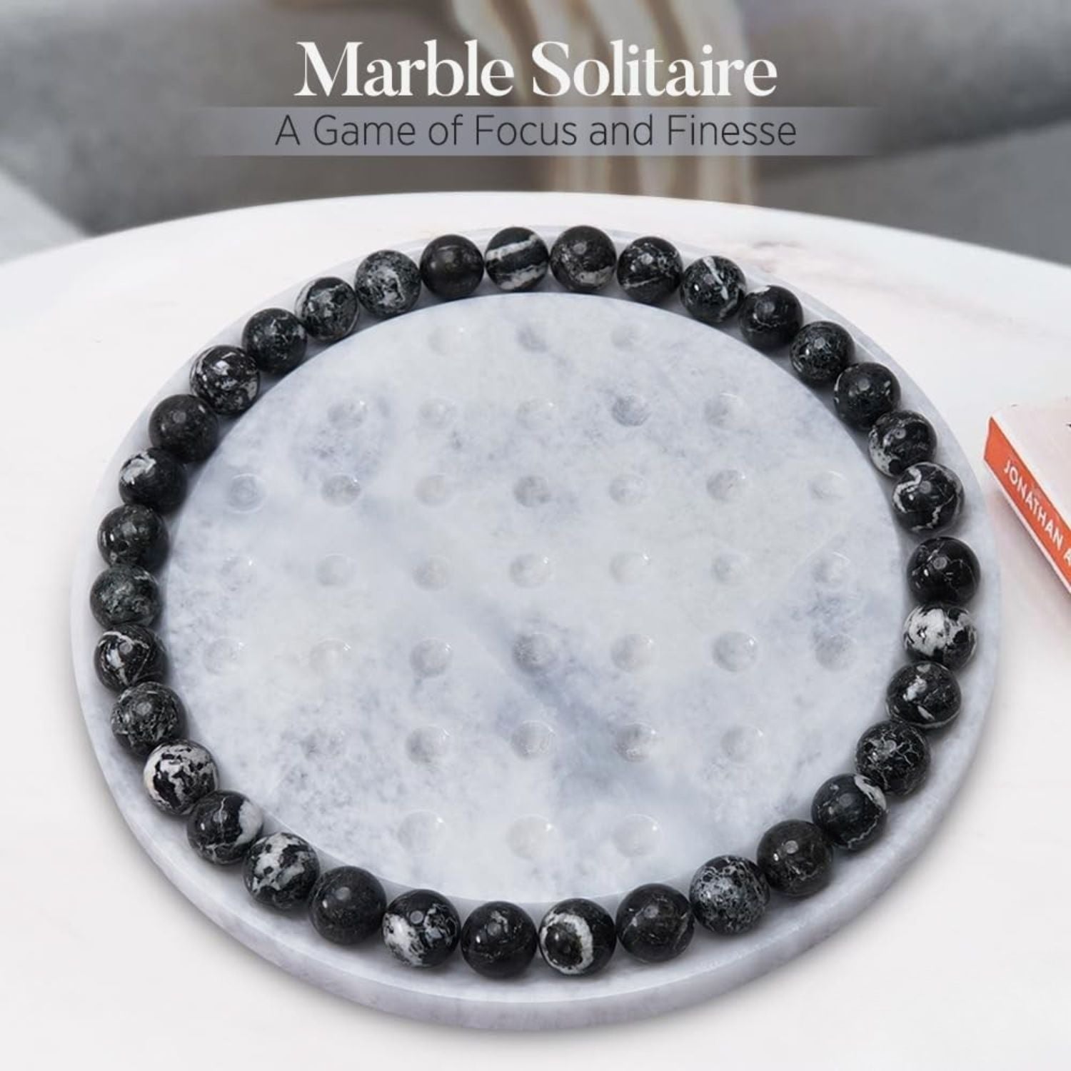 Marble Peg Solitaire Board Game 10 Inch White Board with Black Marble Balls