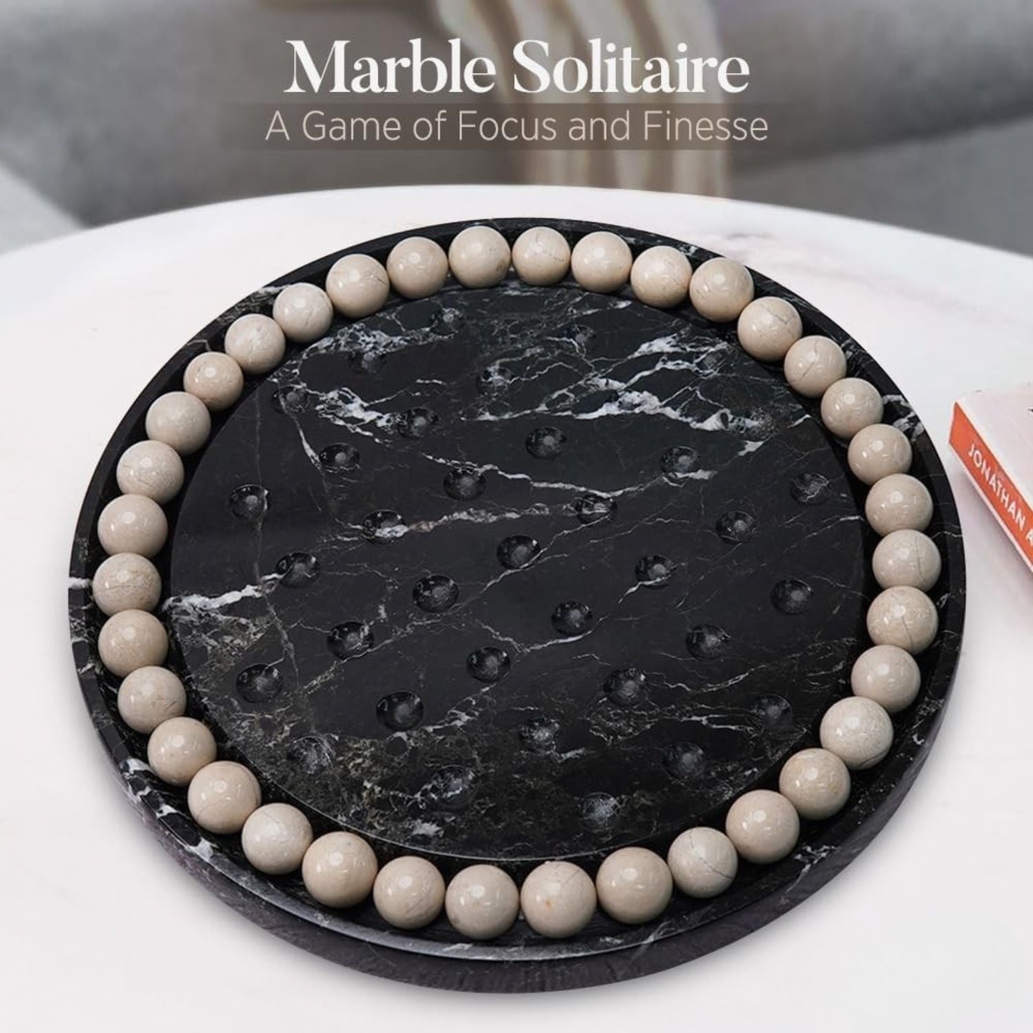 Marble Peg Solitaire Board Black Board with Verona Marble Balls