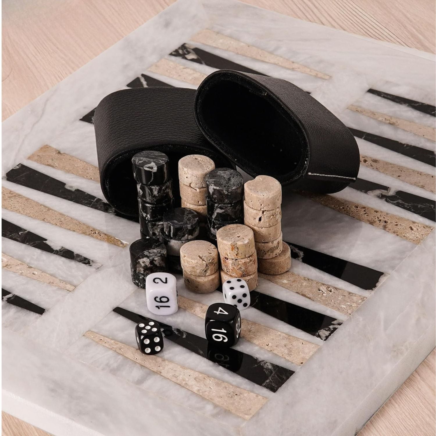 Stone Board with Black & Travertine Marble Backgammon Set