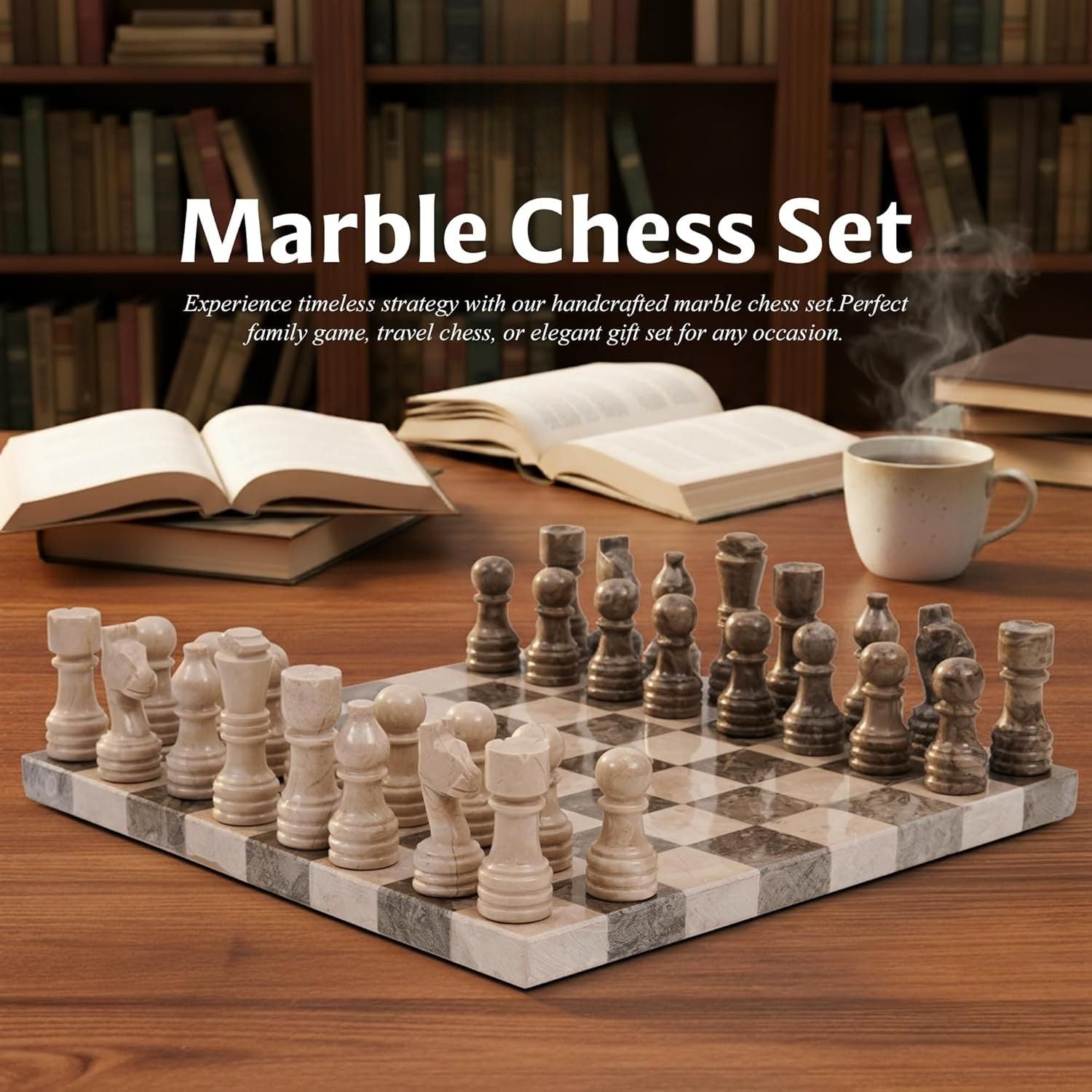 12 Inch Borderless Marble Chess Set with Extra Queens