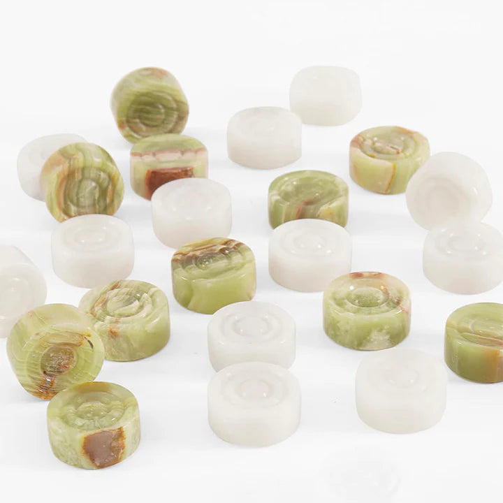 2-in-1 Bundle 15 Inch Green White Onyx Chess set & Checker Pieces