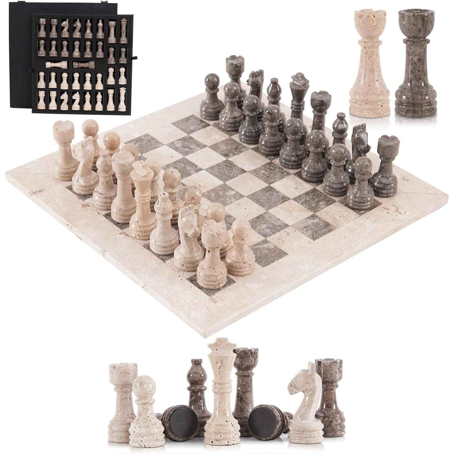 12 Inch Travertine & Oceanic Handcrafted Marble Chess Sets With 2 Extra Queens & Storage Box