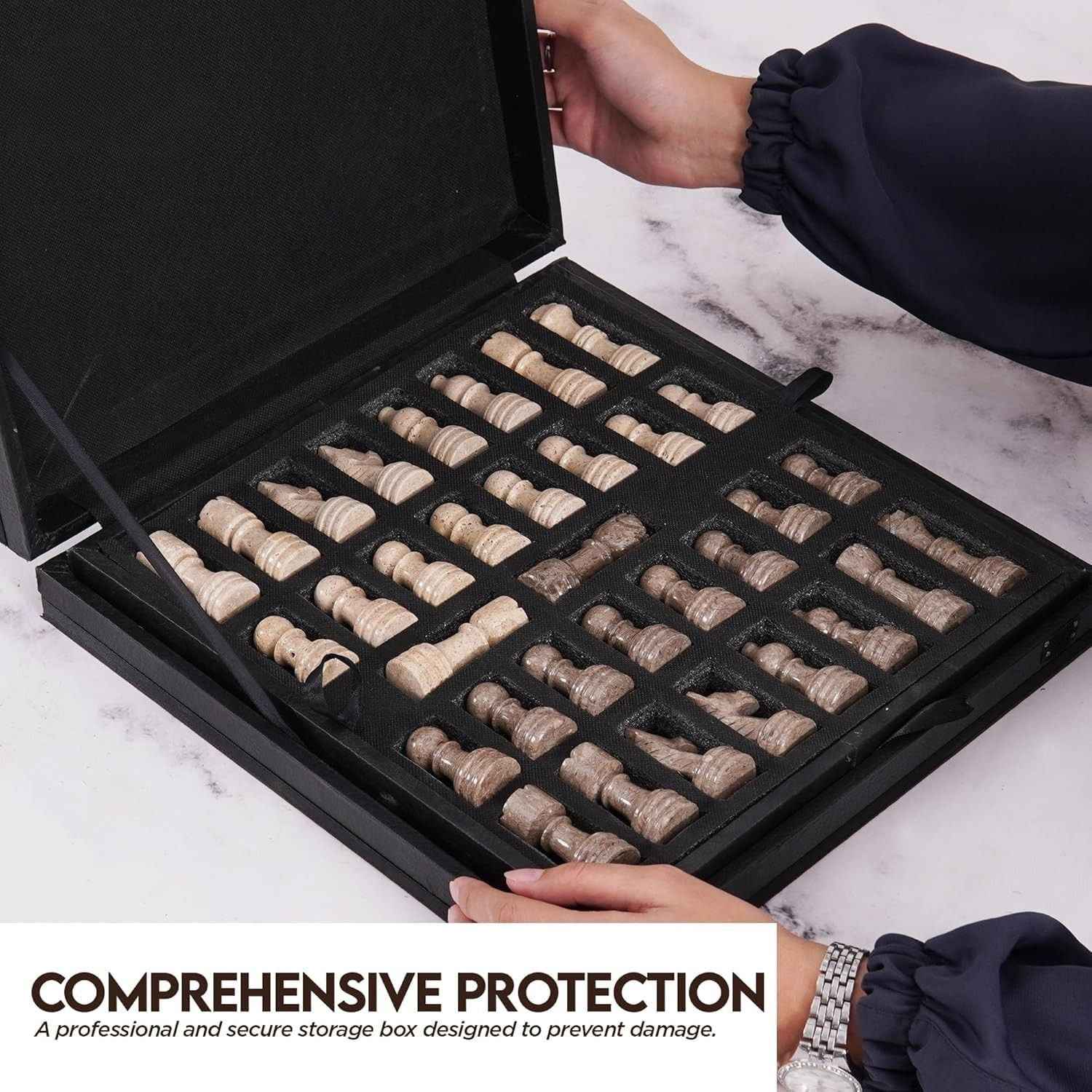 12 Inch Oceanic & Travertine Premium Marble Chess Sets With 2 Extra Queens & Storage Box