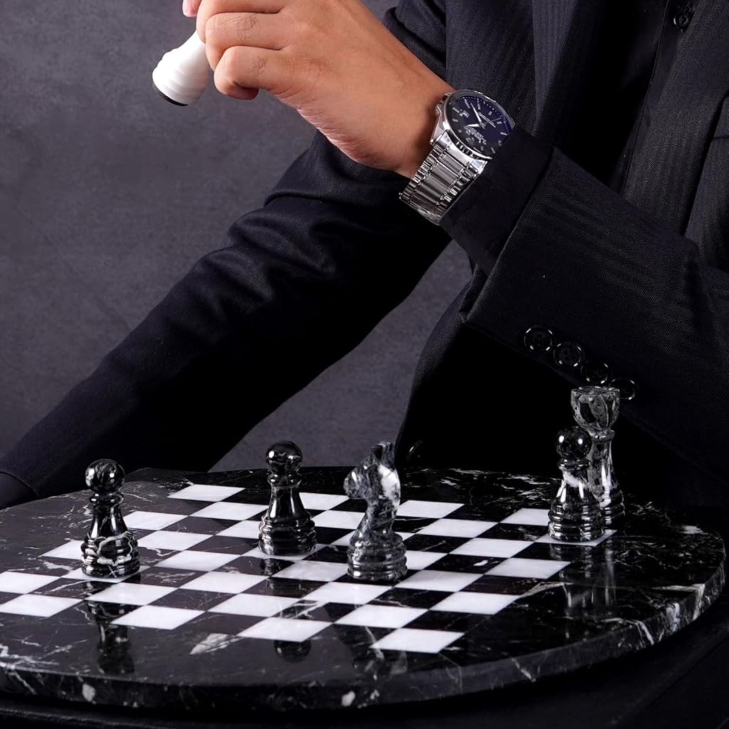 Round Marble Chess Set with Storage Box