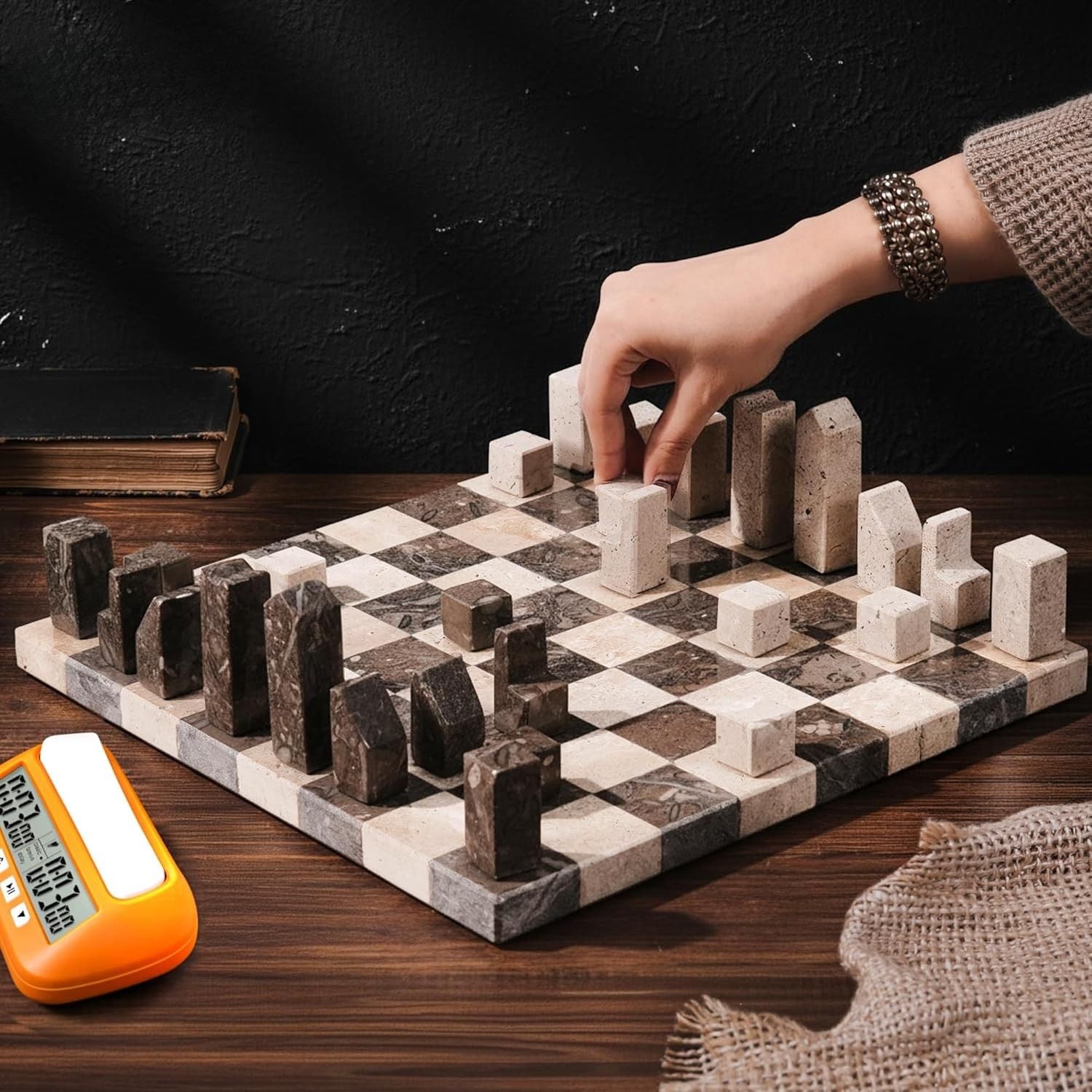 12 Inch Travertine And Oceanic Premium Borderless Marble Chess Set