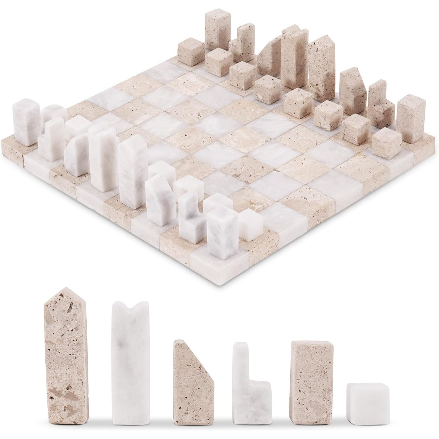 Borderless Marble Chess Board with Minimalist Geometric Pieces