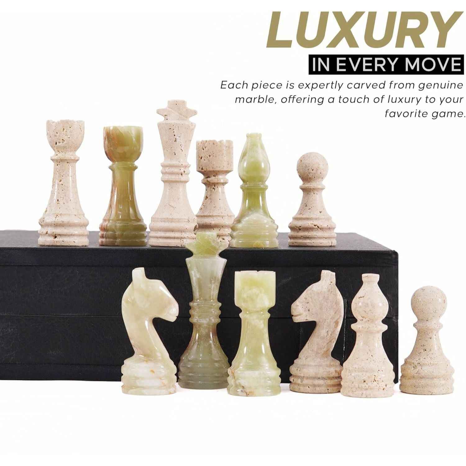 12 Inch Travertine & Green Handcrafted Marble Chess Sets With 2 Extra Queens & Storage Box