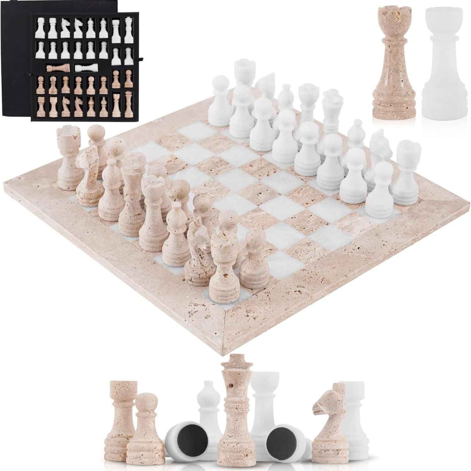12 Inch Travertine & White Handcrafted Marble Chess Sets With 2 Extra Queens & Storage Box