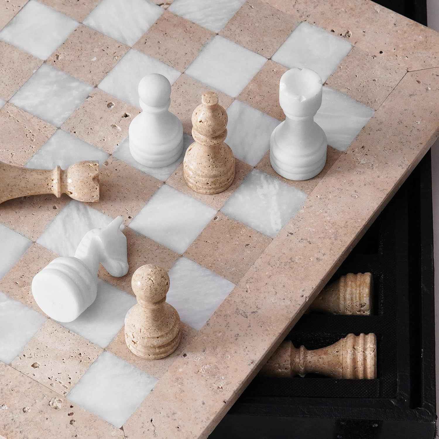 12 Inch Travertine & White Handcrafted Marble Chess Sets With 2 Extra Queens & Storage Box