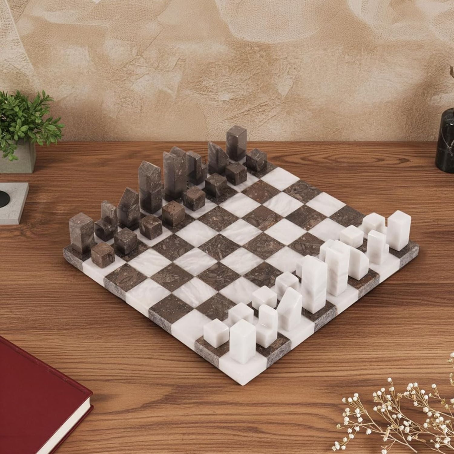 12 Inch Borderless Marble Chess Board with Minimalist Pieces