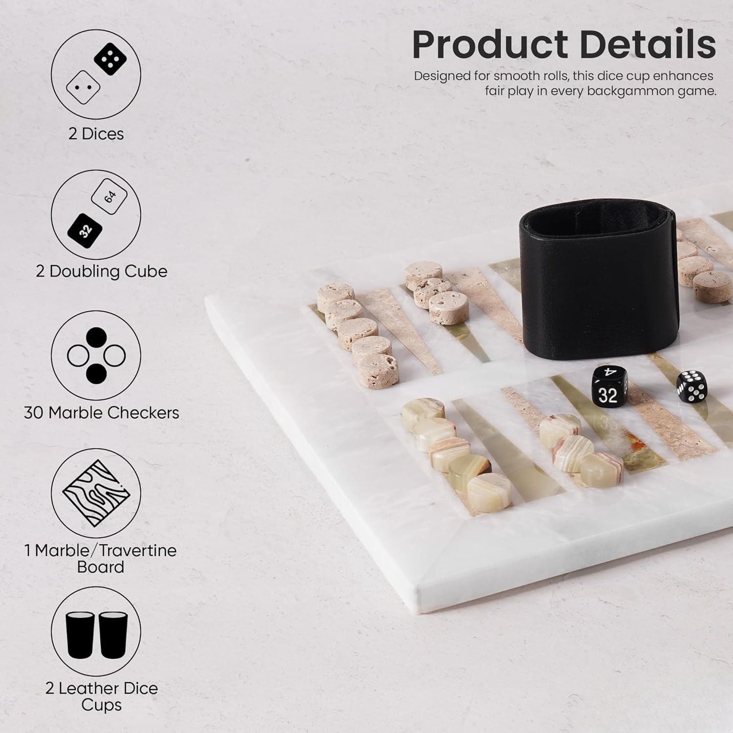 White Board with Green & Travertine Marble Backgammon Set