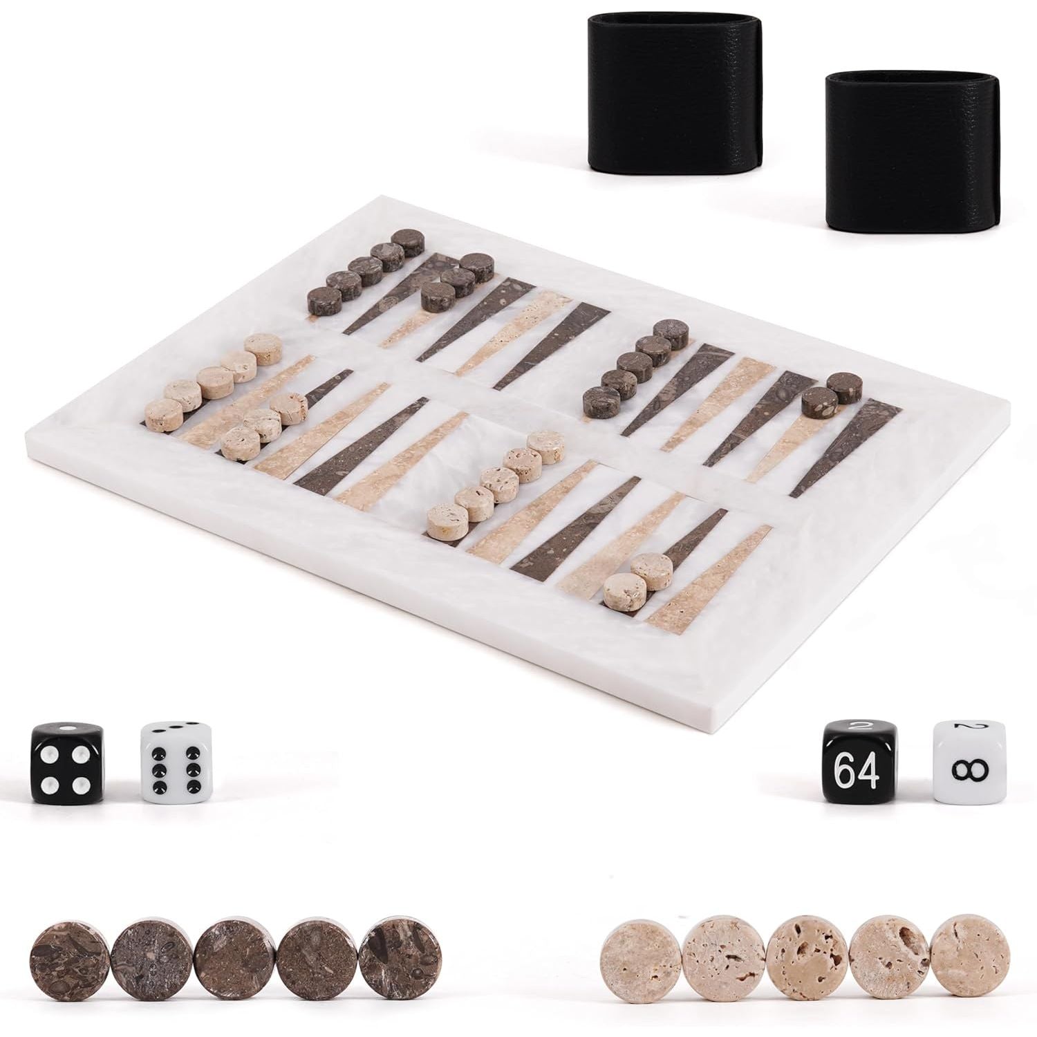 16 Inches White Natural Stone Board Oceanic & Travertine Marble Backgammon Set