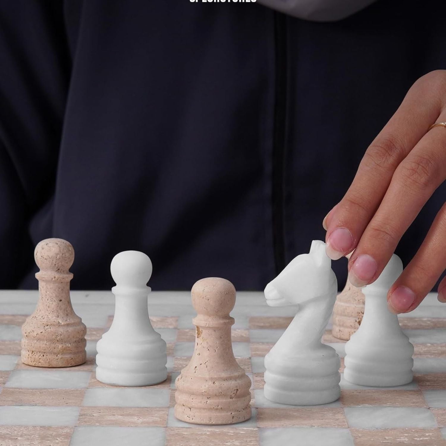 15 Inch White & Travertine Marble Chess Sets