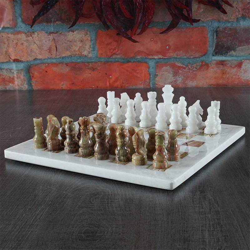 12 Inches White and Green Onyx Premium Quality Marble Chess Set