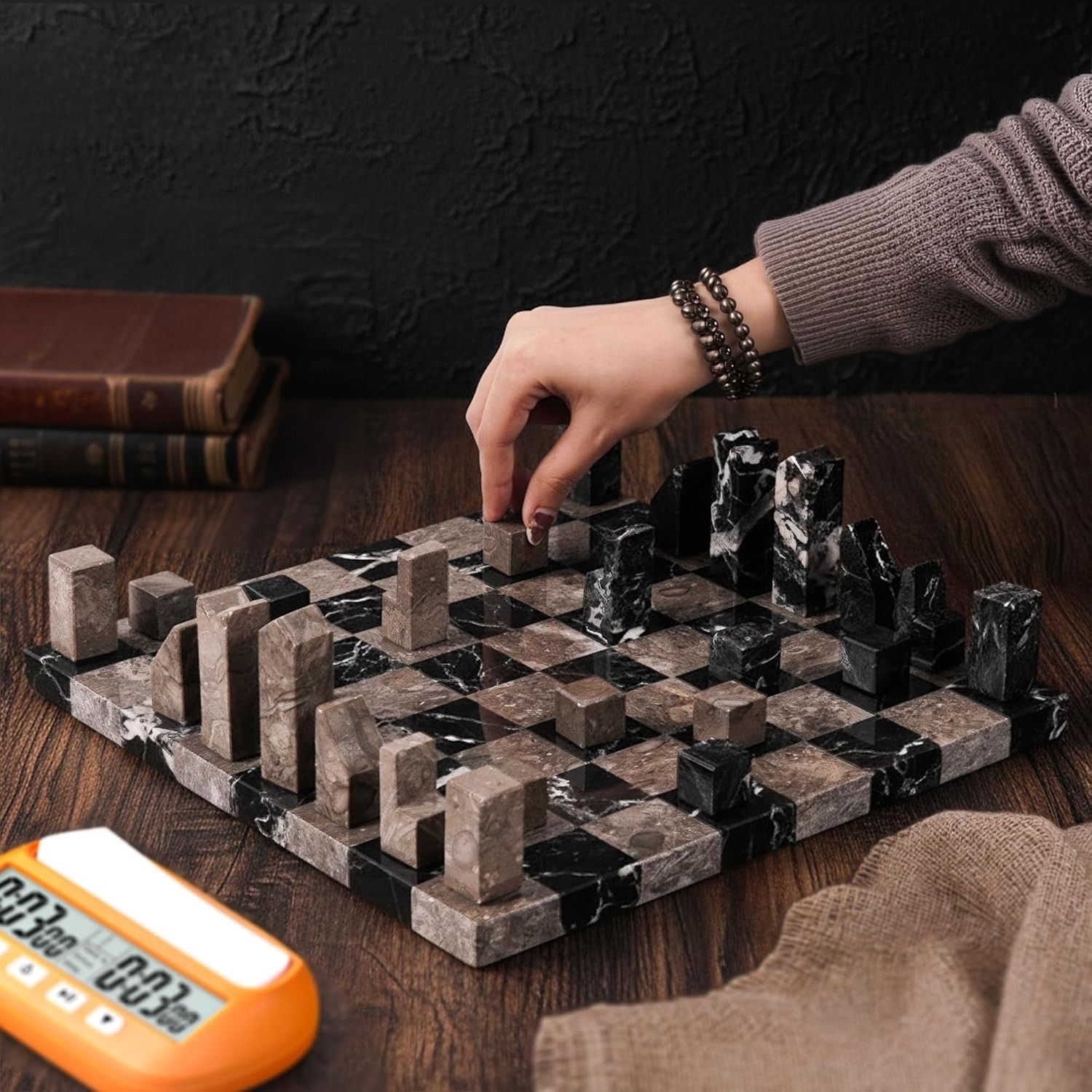 Borderless Marble Chess Board with Minimalist Geometric Pieces