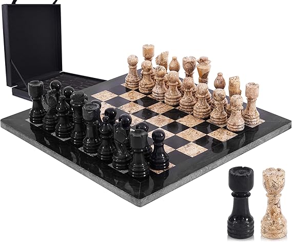 12-inch Black & Coral Marble Chess Set with Storage Box – Royal Bishop