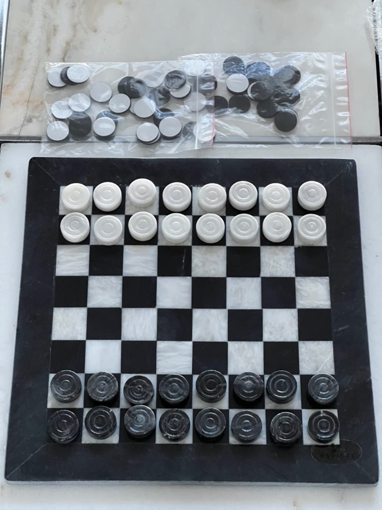 15 Inch Handcrafted Black and White Marble Checkers Set