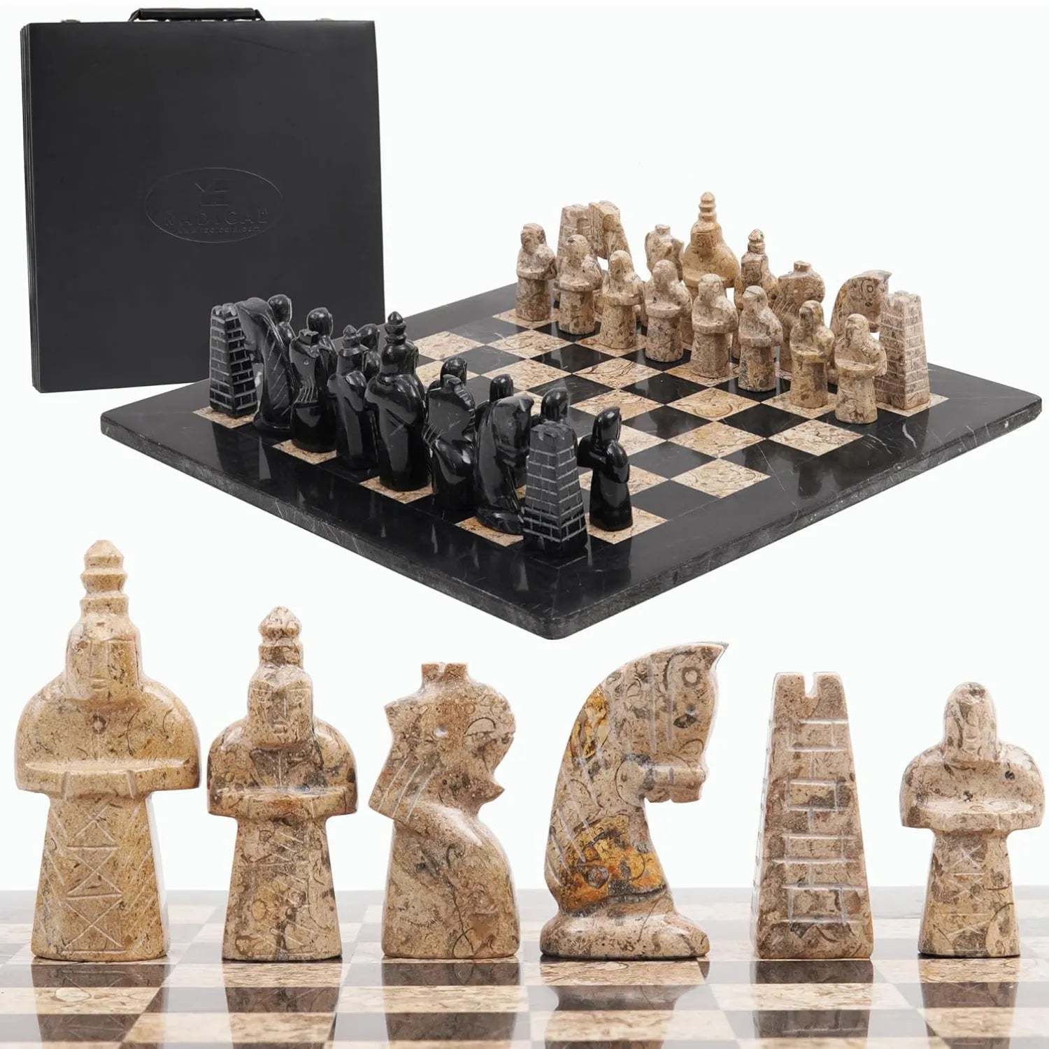 black and coral marble chess set