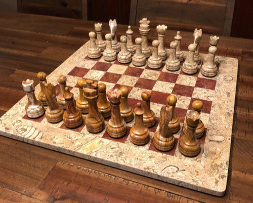 12 Inches Coral and Brown High-Quality Marble Chess Set