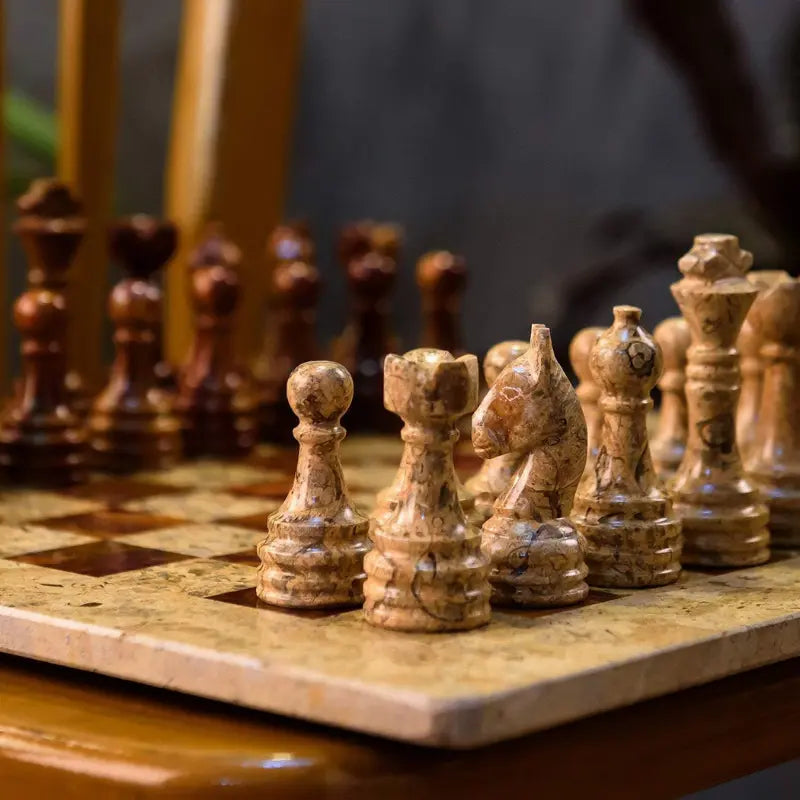 12 Inches Coral and Brown Premium Quality Marble Chess Board Set With Storage Box & 2 Extra Queen