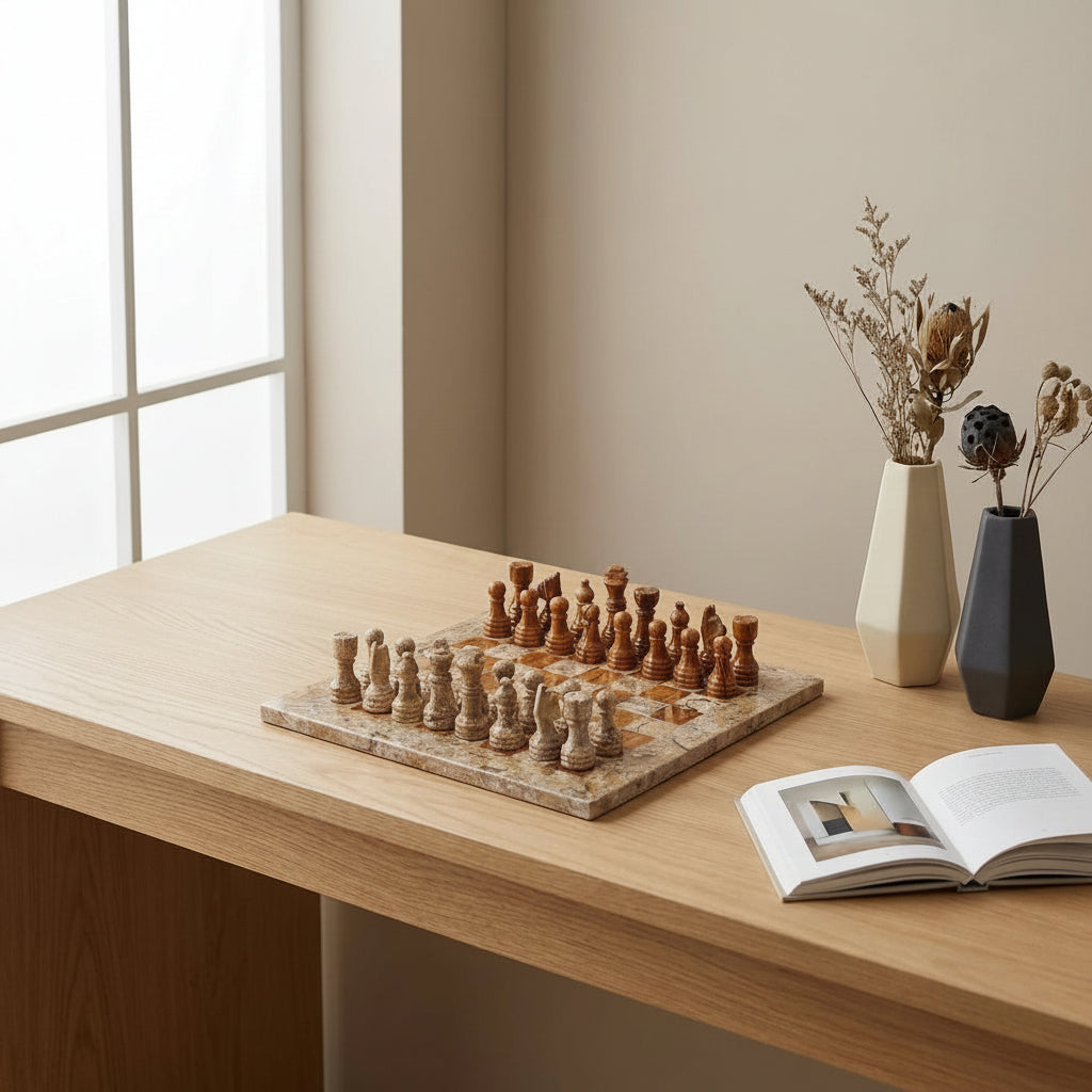 12 Inches Coral and Brown Premium Quality Marble Chess Board Set With Storage Box & 2 Extra Queen