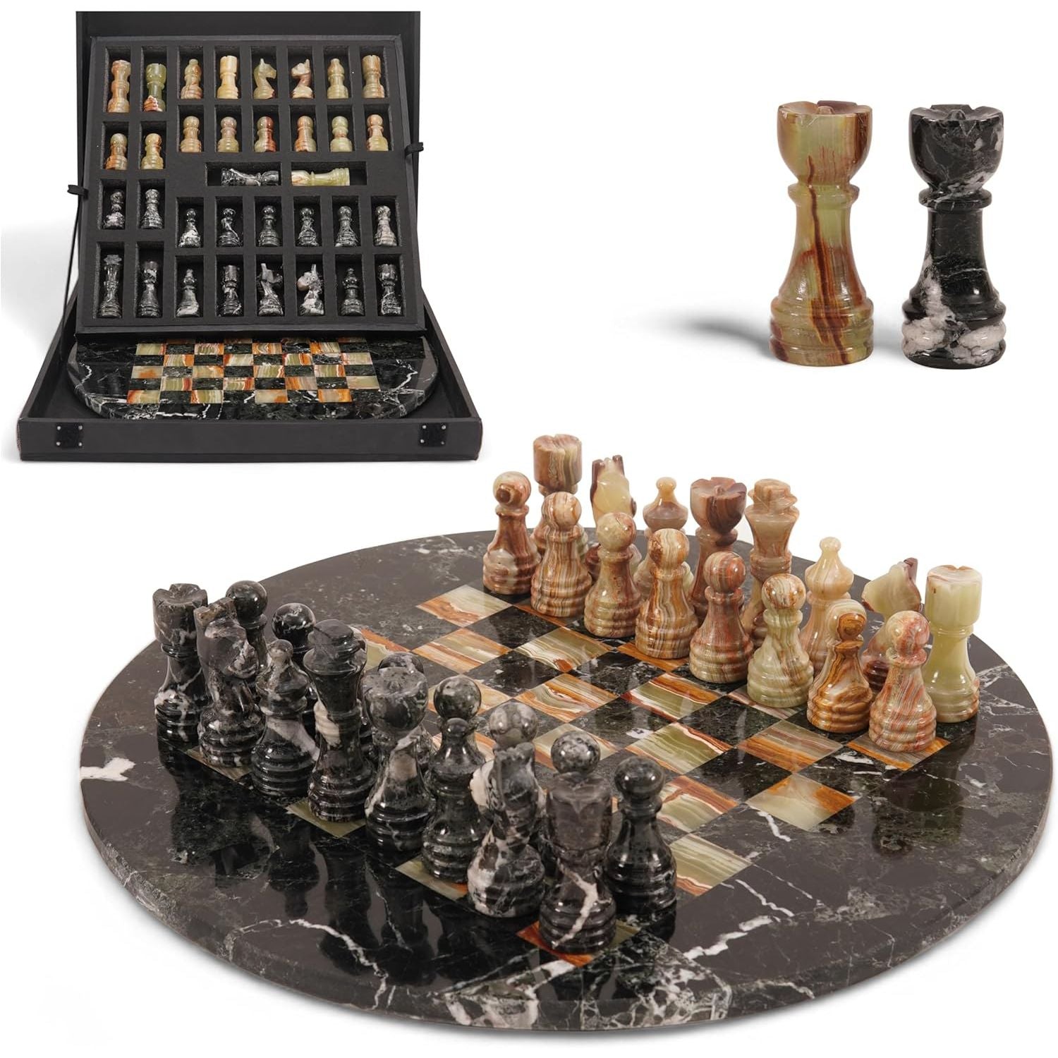 round handcrafted marble chess set black green