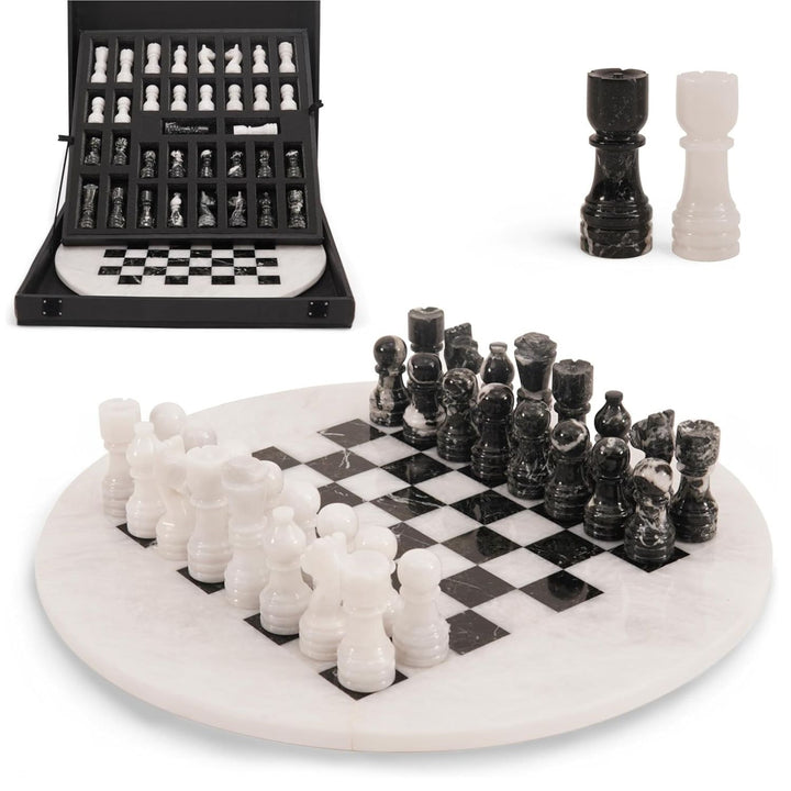 15 Inch Round White & Black Marble Chess Set