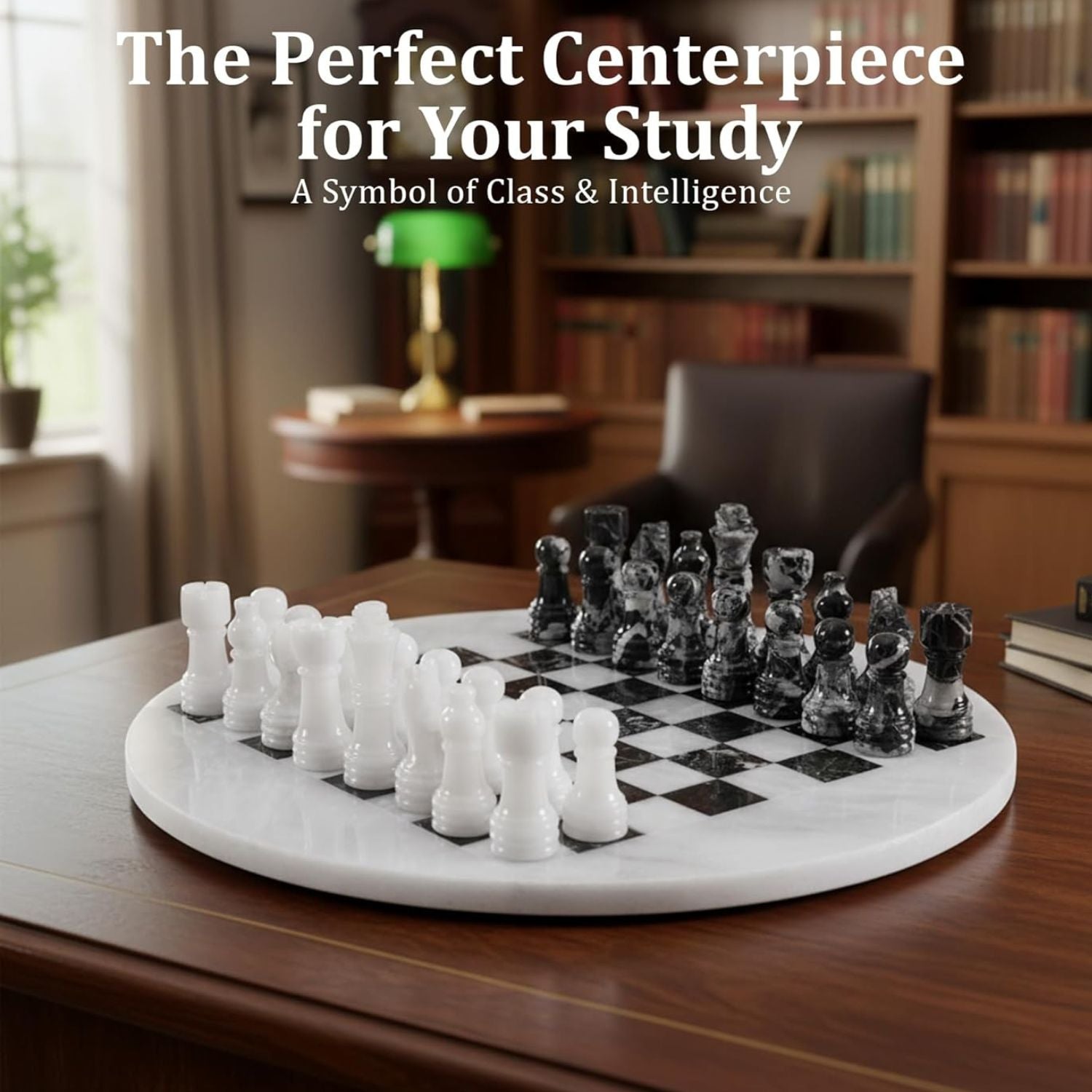 round marble chess board black white