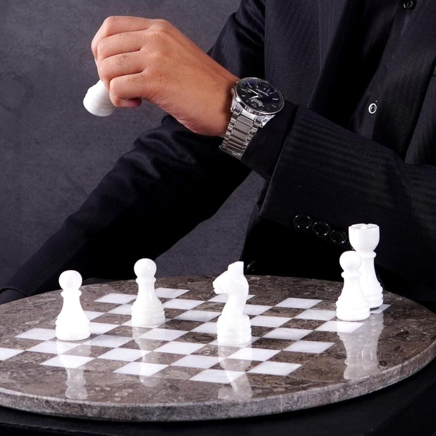 round marble chess set oceanic white