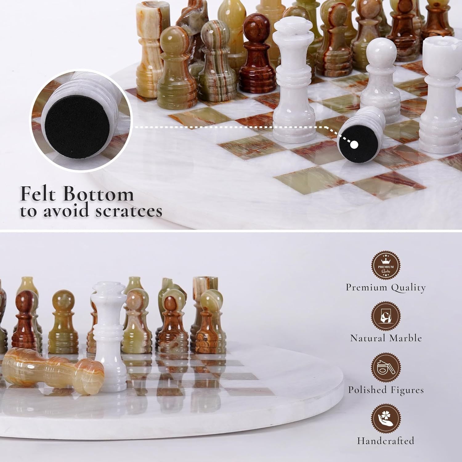 round white green marble chess pieces