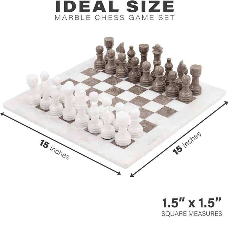 15 Inch White & Grey Oceanic Handmade Marble Chess Set with Storage & Extra Queens
