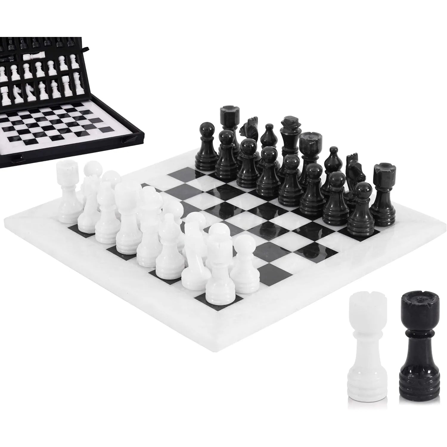 white and black chess set marble