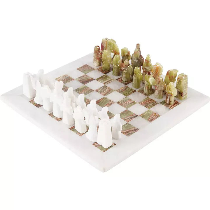 2-in-1 Bundle 15 Inch Green White Onyx Chess set & Checker Pieces