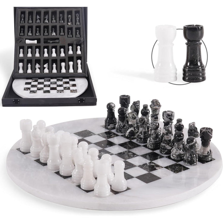 12 Inch White & Black Round Marble Chess Set