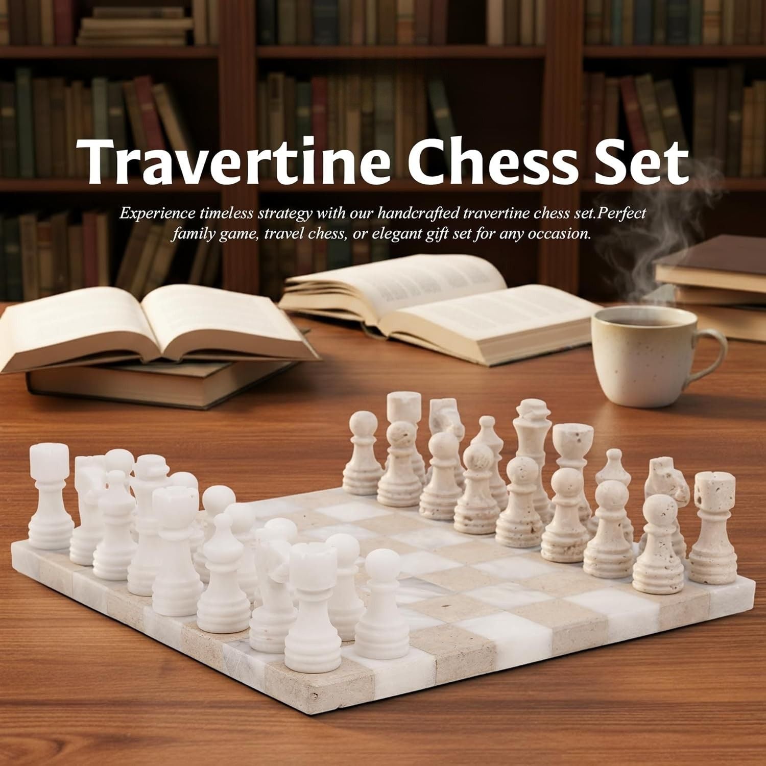 white travertine borderless chess set